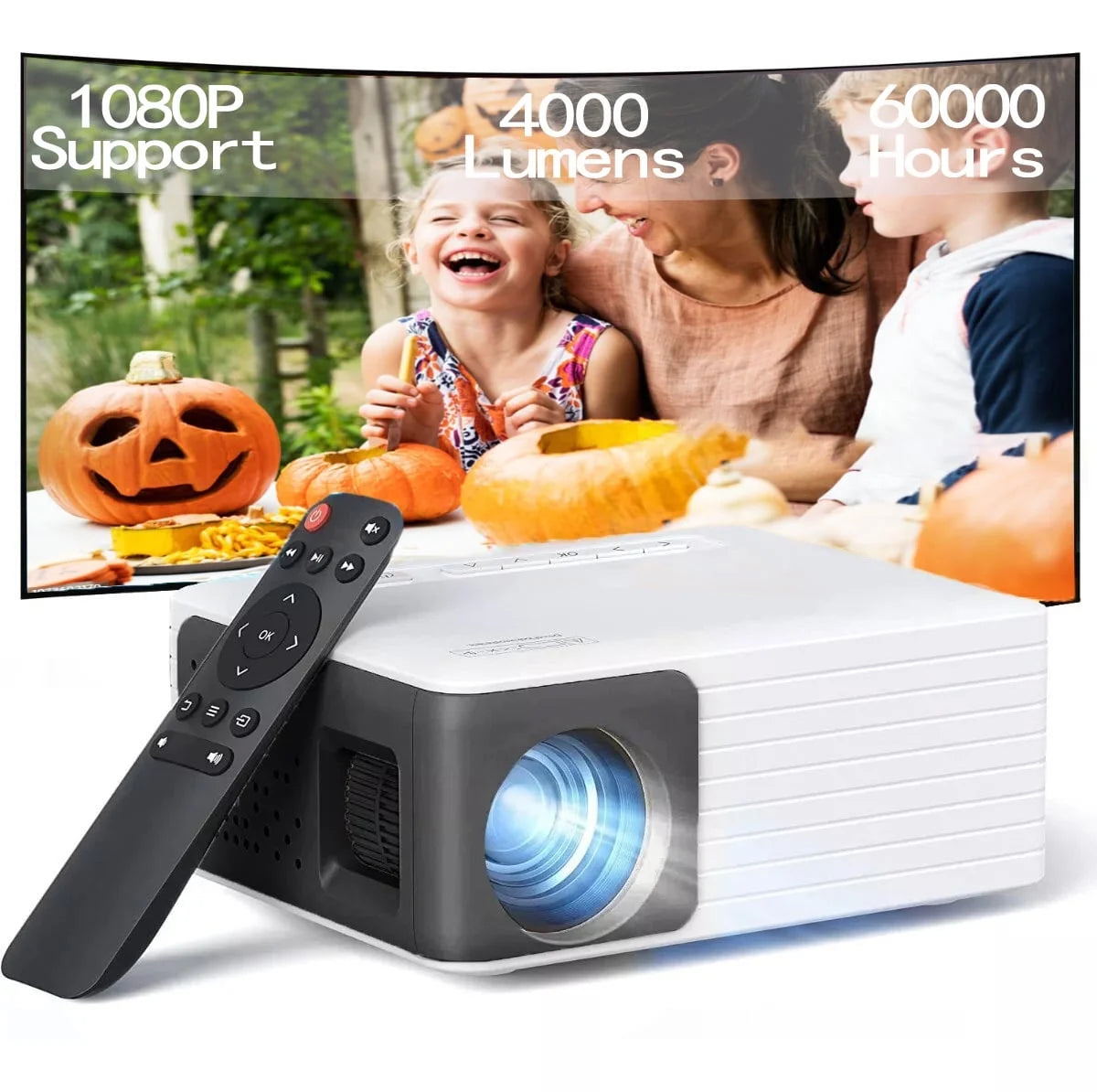 High-Performance Mini Projector - 1080P Support, 4000 Lumens Brightness, Outdoor Theater Experience, Long-Lasting 60,000 Hours Lamp Life - Sleek Black Design