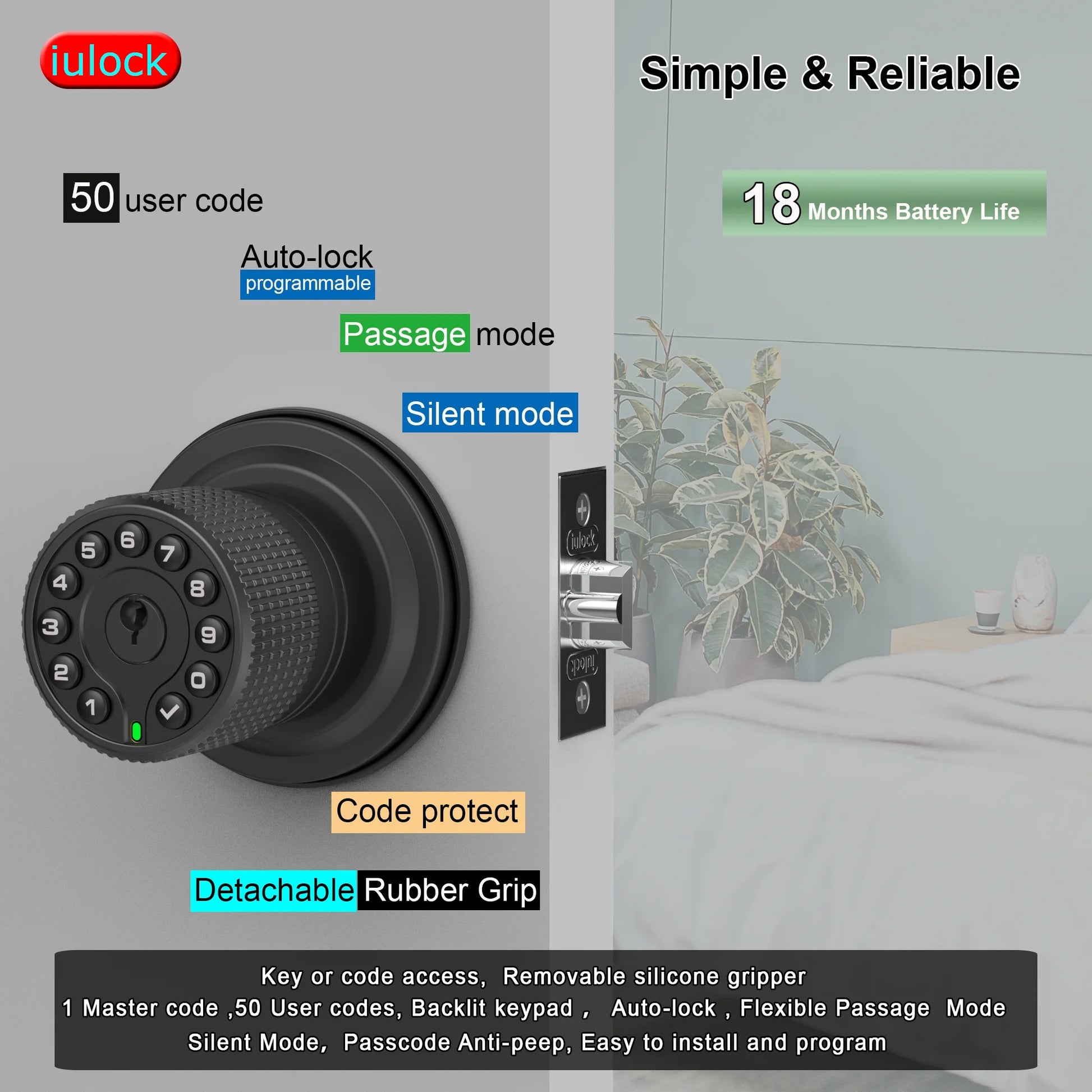 IU-30 Code Door Knob,Code Lock with Key,Keyless Entry Knob Lock, Auto Lock,50 User Code,Easy to Install and Program, for Bedroom Garage Office