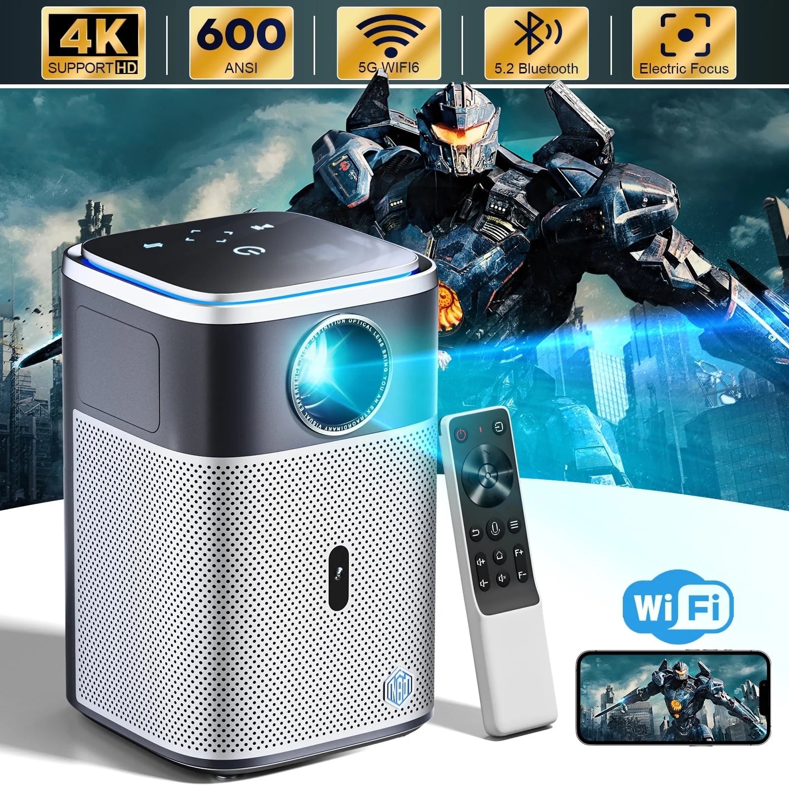 Ultimate 4K Home Theater Projector - 5G WiFi & Bluetooth, 600 ANSI Lumens, Native 1080P