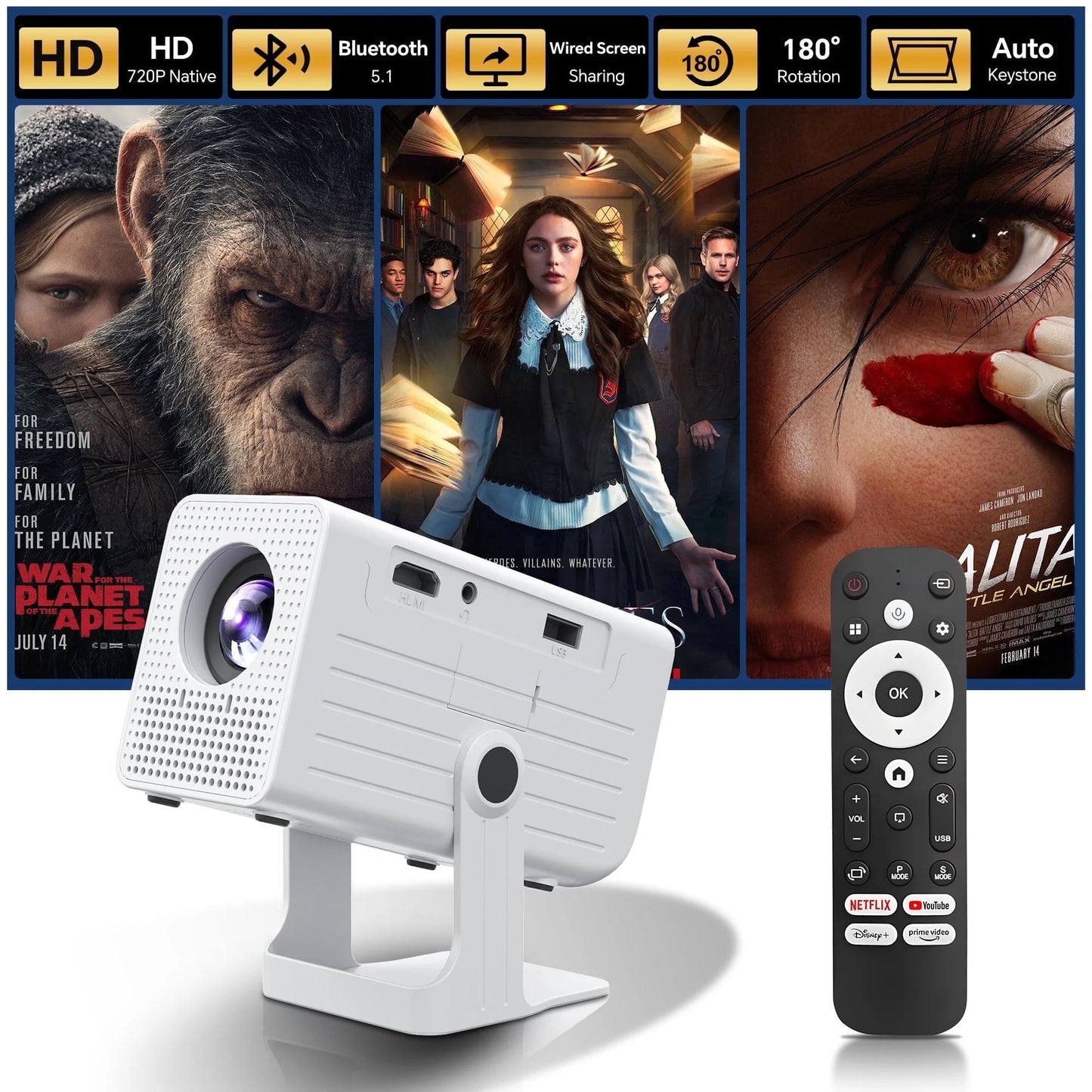 Portable 1080P Mini Projector - Perfect for Indoor & Outdoor Movie Nights, Compatible with TV Stick & HDMI